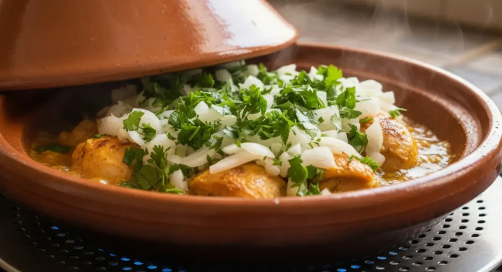 A clay tagine pot on a heat diffuser, showing a Moroccan dish in the middle of cooking: golden-brown chicken pieces are topped with a fresh layer of chopped onions and parsley.