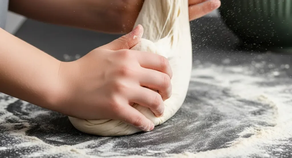 A smooth, elastic ball of Moroccan bread dough on a wooden counter after being properly kneaded.