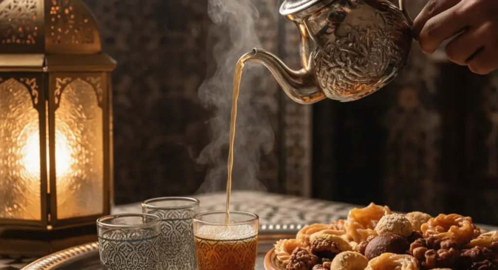 Food of Morocco. The hands of a man pouring Moroccan mint tea from a silver teapot into a glass, part of a traditional tea ceremony showcasing Moroccan hospitality.