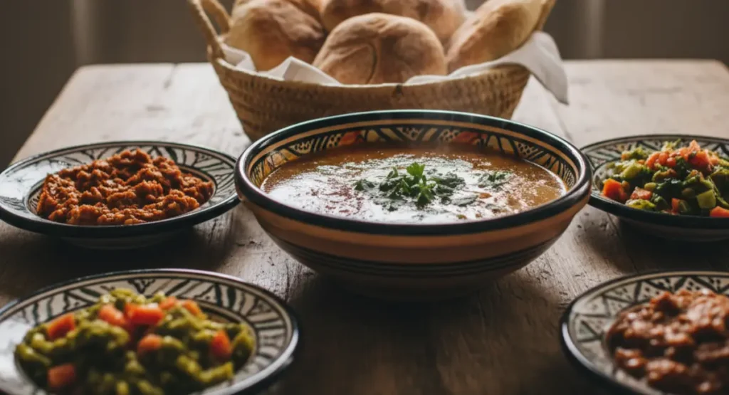 Food of Morocco. A spread of everyday Moroccan food on a table, featuring a bowl of Harira soup, small plates of Zaalouk and Taktouka, and a basket of fresh Khobz bread.