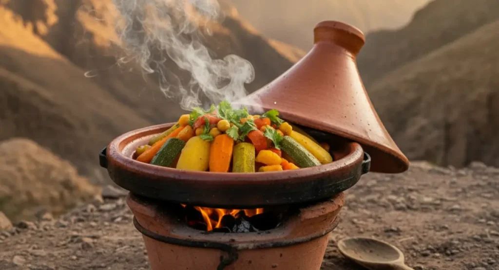 A Berber vegetable tagine cooking on a traditional charcoal brazier in the Atlas Mountains, representing the simple and authentic food of Morocco.