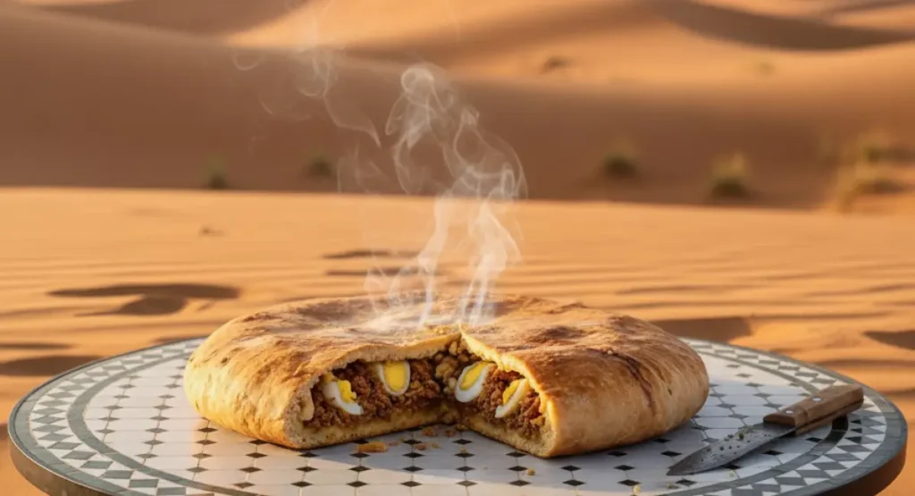 Food of Morocco. A freshly baked Medfouna, or Berber pizza, cut open to show its steaming meat filling, set against the backdrop of the Moroccan Sahara desert dunes.