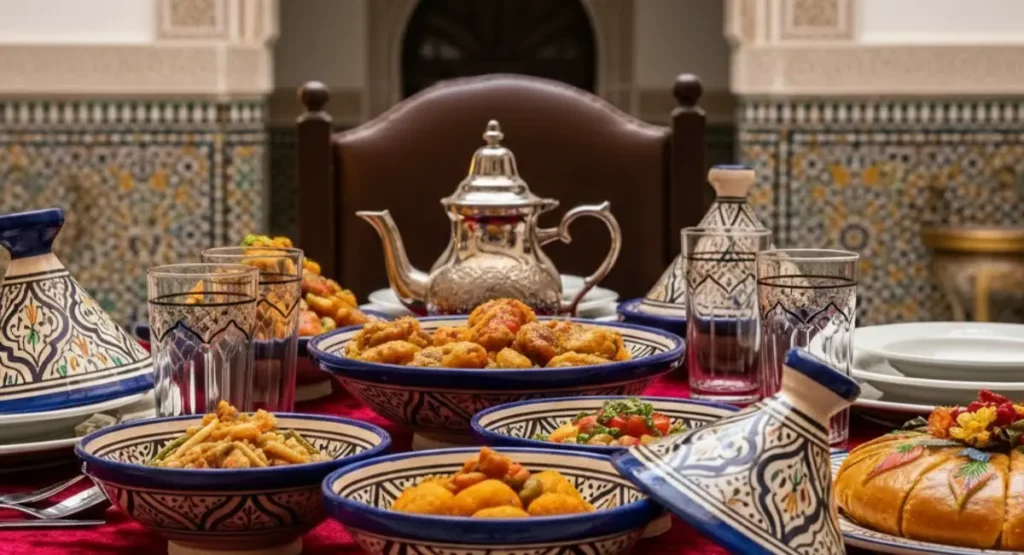 A traditional Moroccan dining table in Fes, showcasing the sophisticated food of Morocco's Imperial Cities with a Pastilla pie and mint tea.