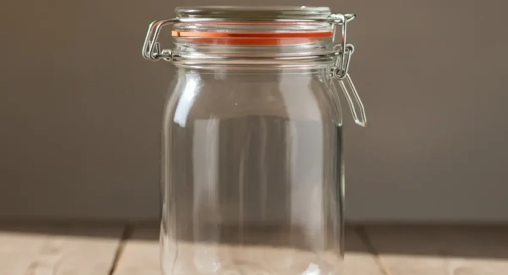 A clean, empty glass canning jar with a rubber gasket and a wire-hinged lid, sitting on a wooden table, ready for the first step of how to make preserved lemons.