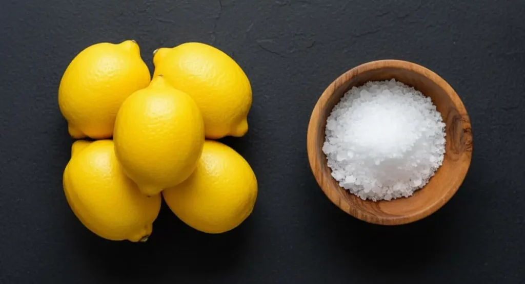 A top-down view of the only two ingredients needed for a guide on how to make preserved lemons: a pile of fresh yellow lemons and a wooden bowl of coarse kosher salt on a dark surface.