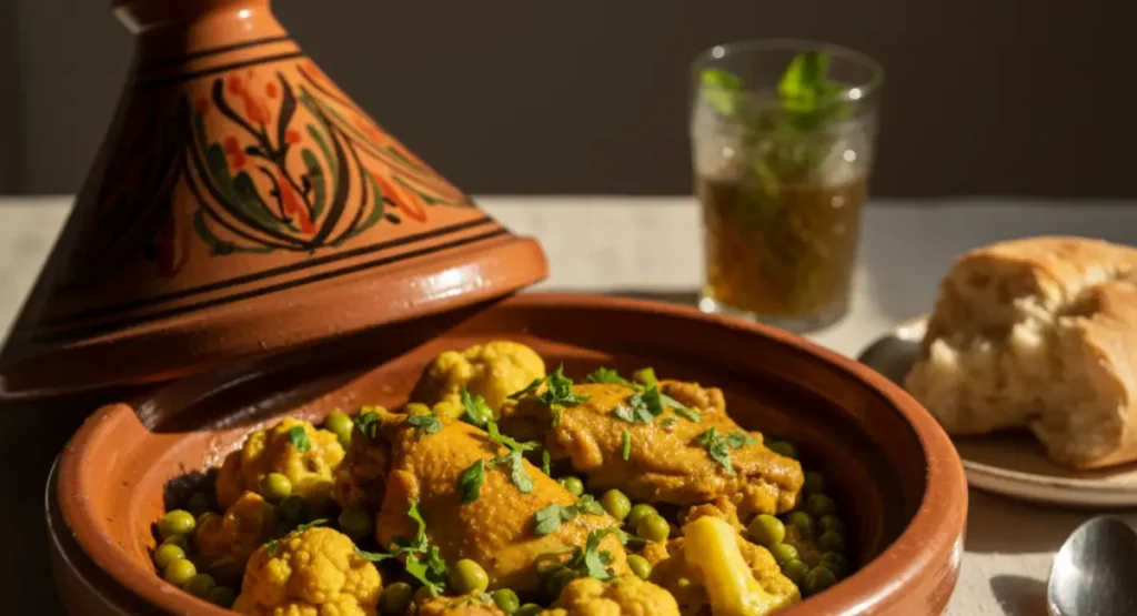 A perfectly cooked chicken tagine recipe with tender chicken, cauliflower, and green peas, served in a traditional Moroccan pot with bread for dipping.