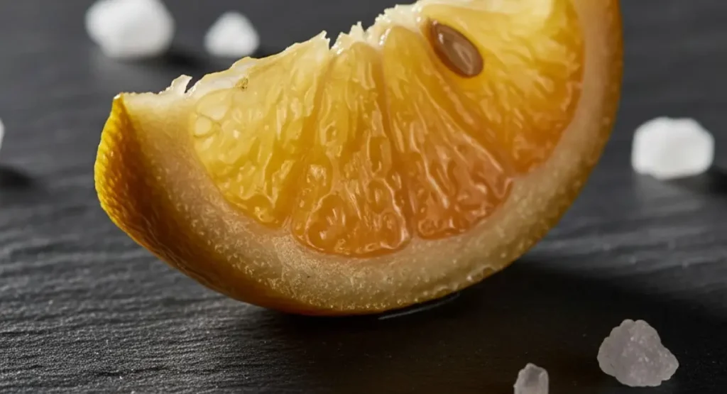 A close-up of a single wedge of a preserved lemon, showing the final result of learning how to make preserved lemons with only salt and time.