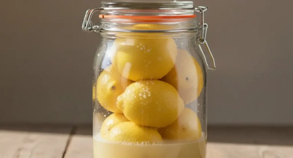 A glass jar of lemons after a few days of curing, showing how to make preserved lemons correctly with the lemons submerged in their own cloudy brine.