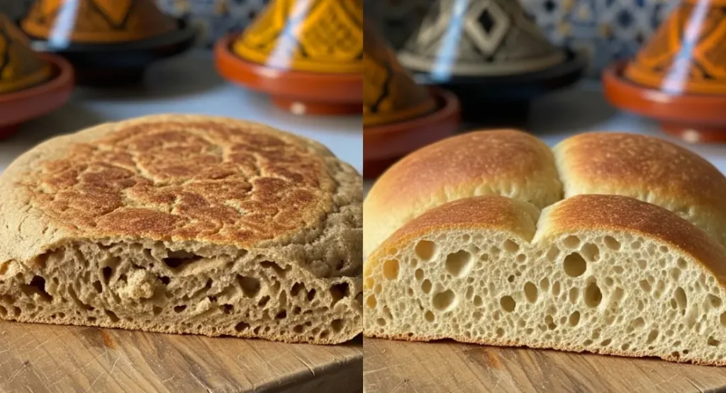 A side-by-side comparison showing a dense, flat Moroccan bread next to a light, airy, and perfectly risen Moroccan bread.