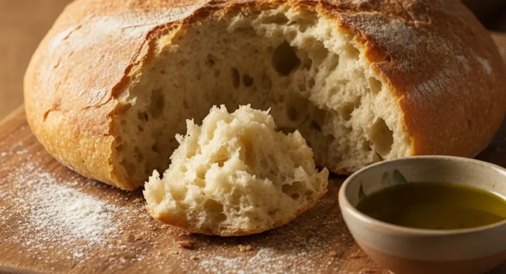 A close-up of a freshly baked loaf of Moroccan Khobz bread, a staple of Moroccan recipes, with a piece torn off to show the soft texture