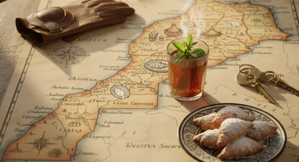 An illustrated map of Morocco on a table, ready for a culinary road trip, with a glass of mint tea and keys, representing a guide to Moroccan recipes food.