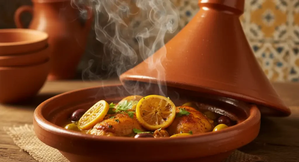 A close-up of a traditional clay tagine pot, with the lid lifted to show a steaming Moroccan recipes chicken tagine  inside, ready to be served.