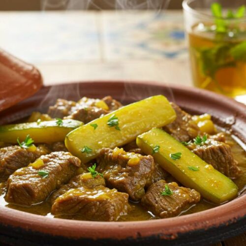 Close-up of Moroccan beef tagine with zucchini in glossy golden sauce, served in a clay tagine.