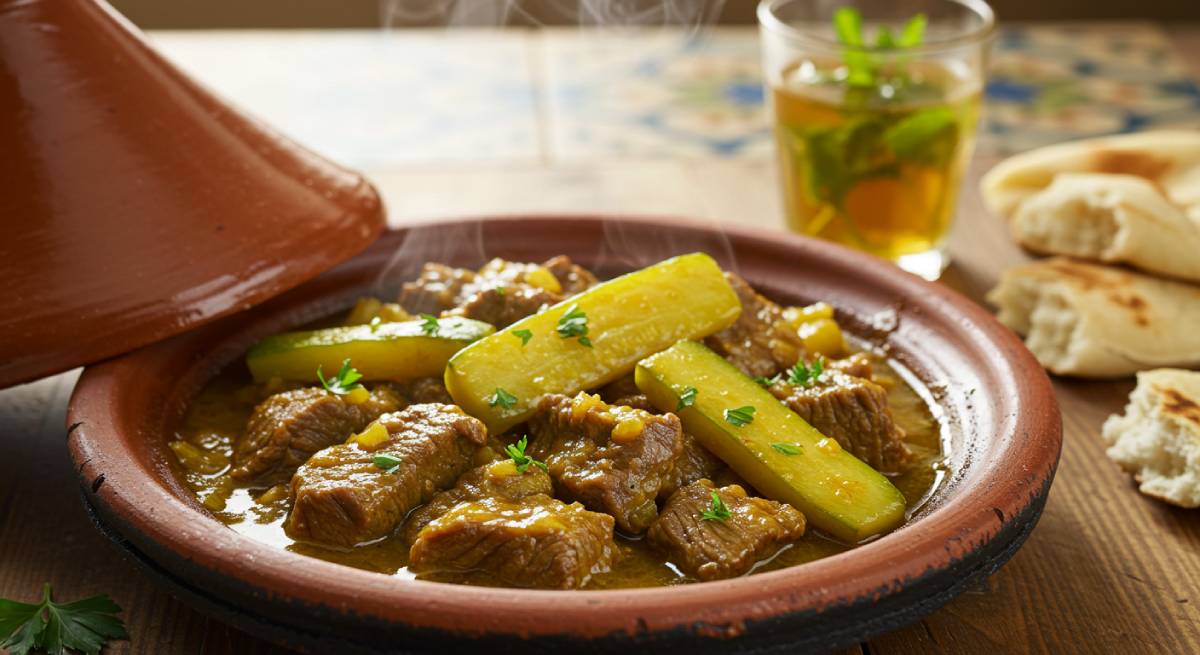 Close-up of Moroccan beef tagine with zucchini in glossy golden sauce, served in a clay tagine.