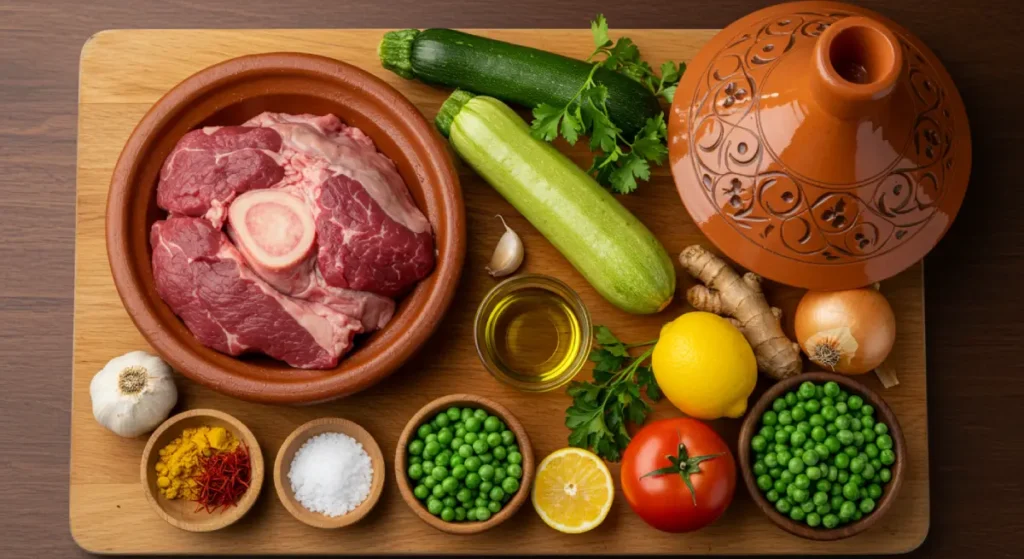 Overhead of beef, zucchini, spices, herbs, and preserved lemon for Moroccan beef tagine.