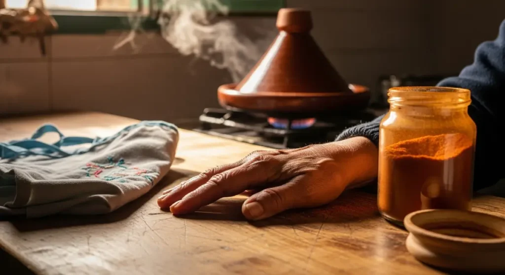 Elderly Moroccan hand near open jar of Moroccan spices on rustic table, with tagine steam in background
