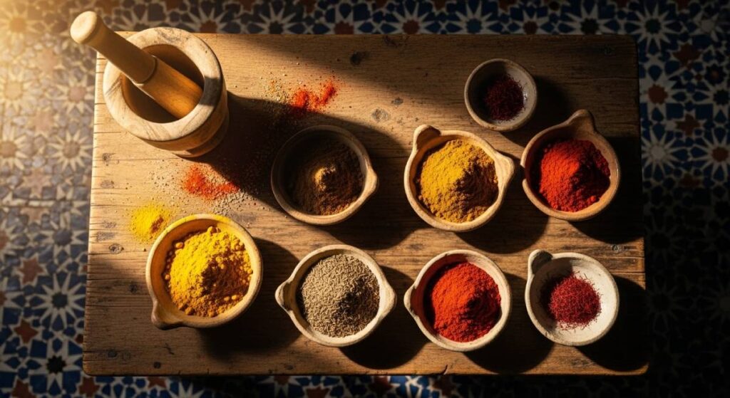 Featured image showing Moroccan spices arranged in clay bowls on a handmade Moroccan kitchen table