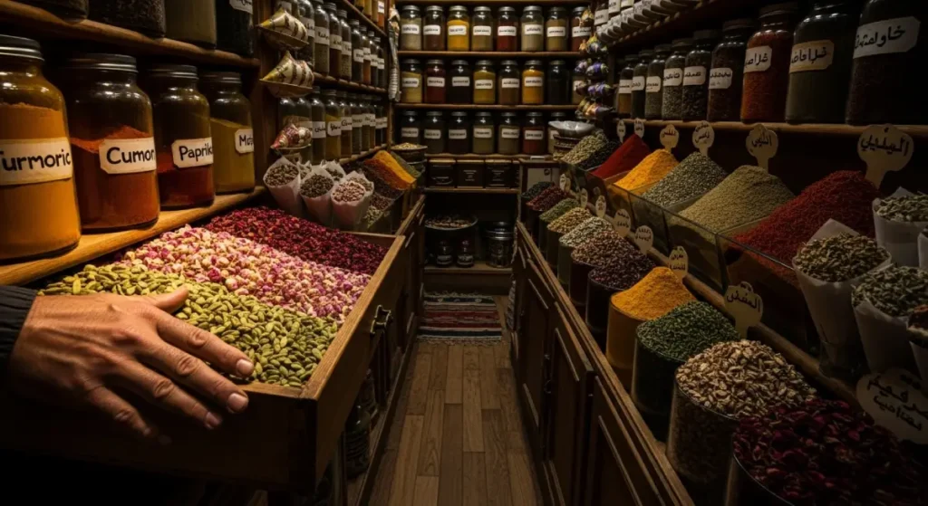 Inside a traditional Moroccan Attar spice shop with fragrant Moroccan spices in jars and drawers