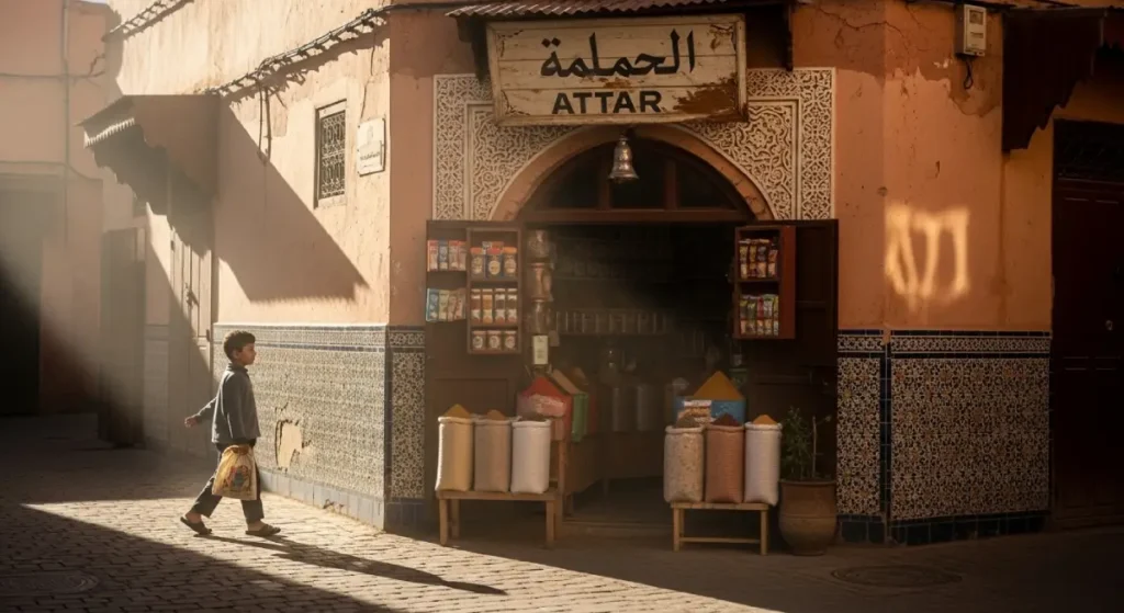 A Moroccan boy walking to an old spice shop (Attar) with cloth bag to buy Moroccan spices