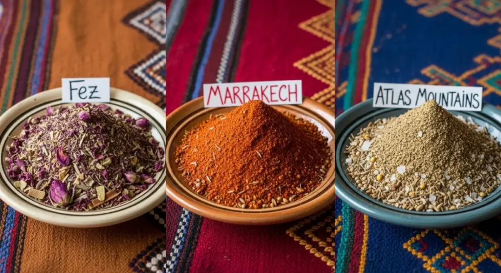 Moroccan spices showing regional differences between Fez, Marrakech, and the Mountains