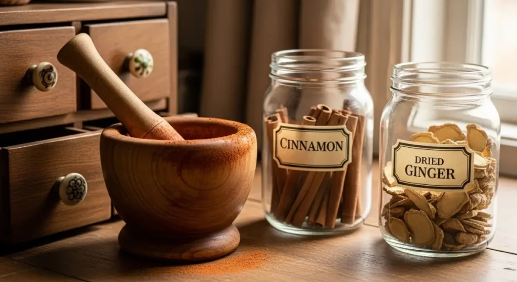 Traditional Moroccan tools for storing and grinding spices