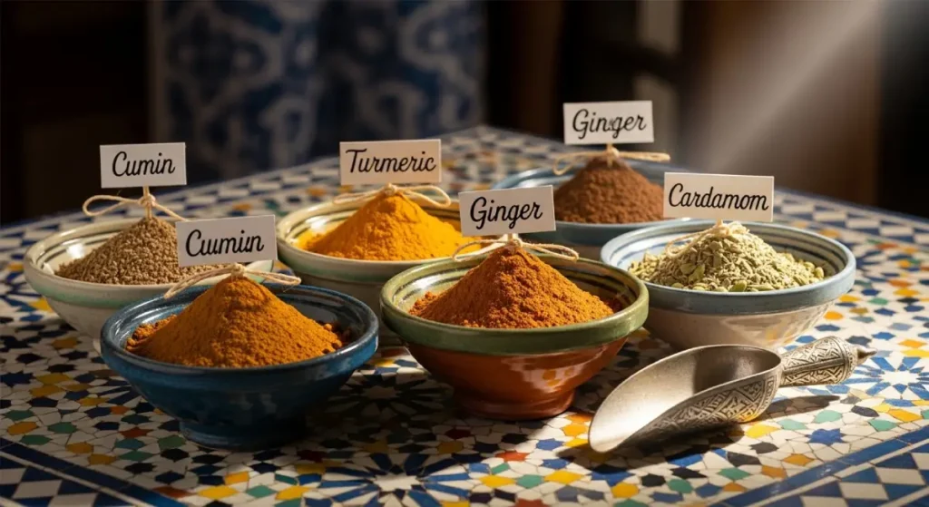 Moroccan spices displayed in bowls with handwritten labels on a zellige tile background