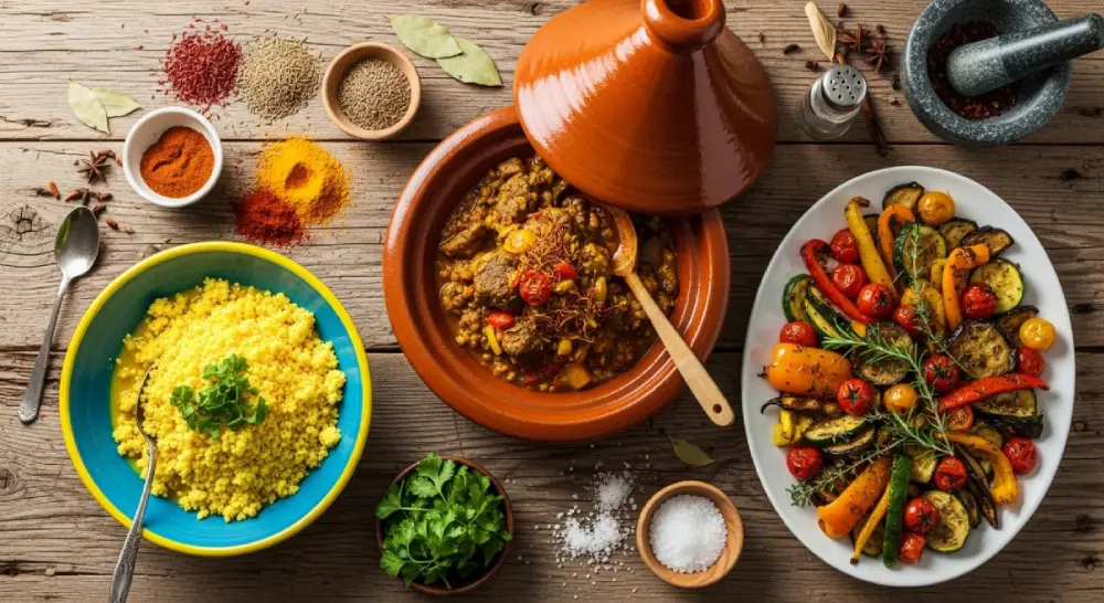 Moroccan spices transforming dishes like tagine, couscous, and roasted vegetables