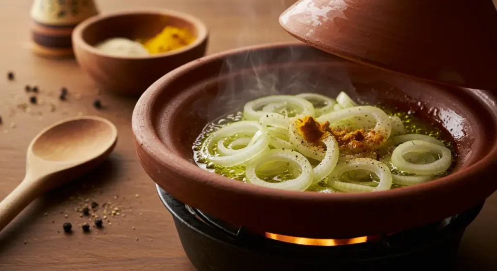 Onions softening with ginger and turmeric blooming in a clay tagine,for making a beef tagine.