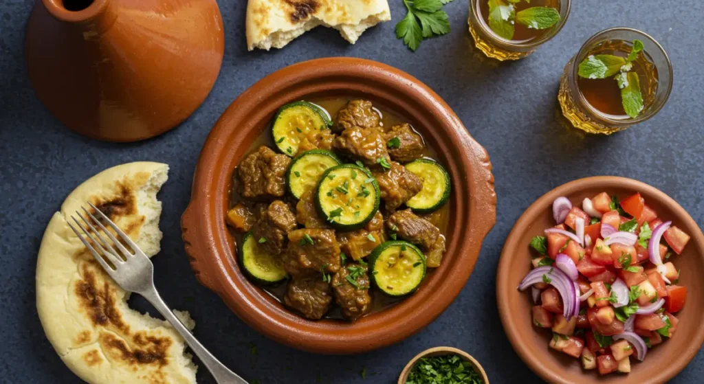 Plated Moroccan beef tagine with zucchini and glossy sauce, bread on the side.