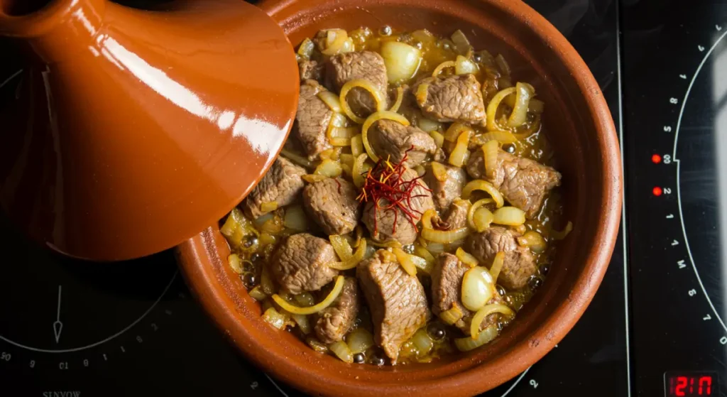 Soft simmer in a clay tagine with lid ajar—low heat and patience, for making a nice moroccan beef tagine.