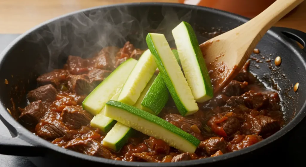 Zucchini added late to tender beef in a beef tagine and stirred gently.