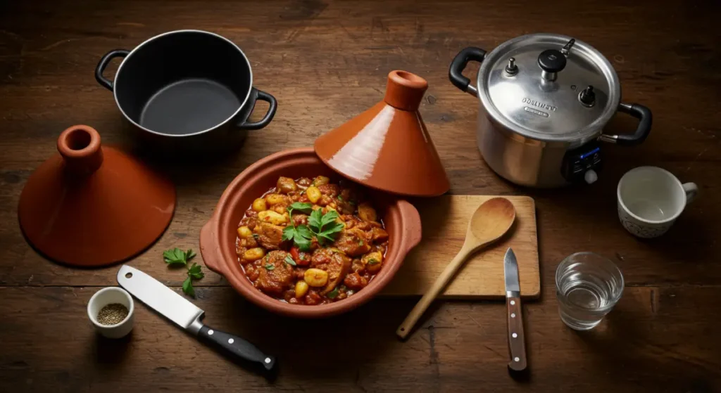 equipment for Beef tagine. Clay tagine with diffuser, Dutch oven, pressure cooker, knife, wooden spoon, and water cup.