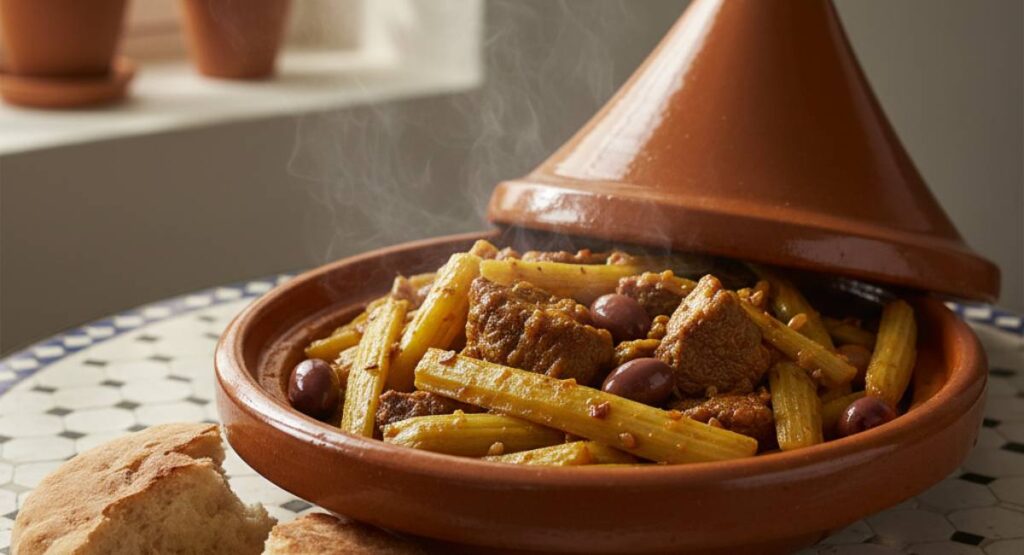 Traditional Moroccan cardoon recipe served in a clay tagine dish