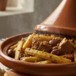 Traditional Moroccan cardoon recipe served in a clay tagine dish