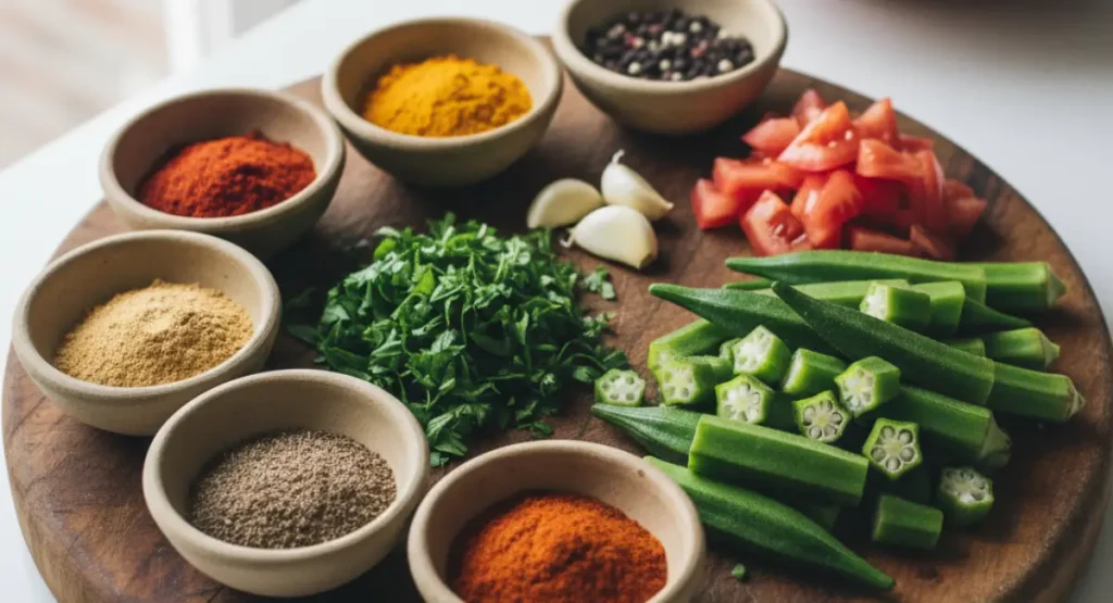 Moroccan spices and ingredients for an okra recipe tagine