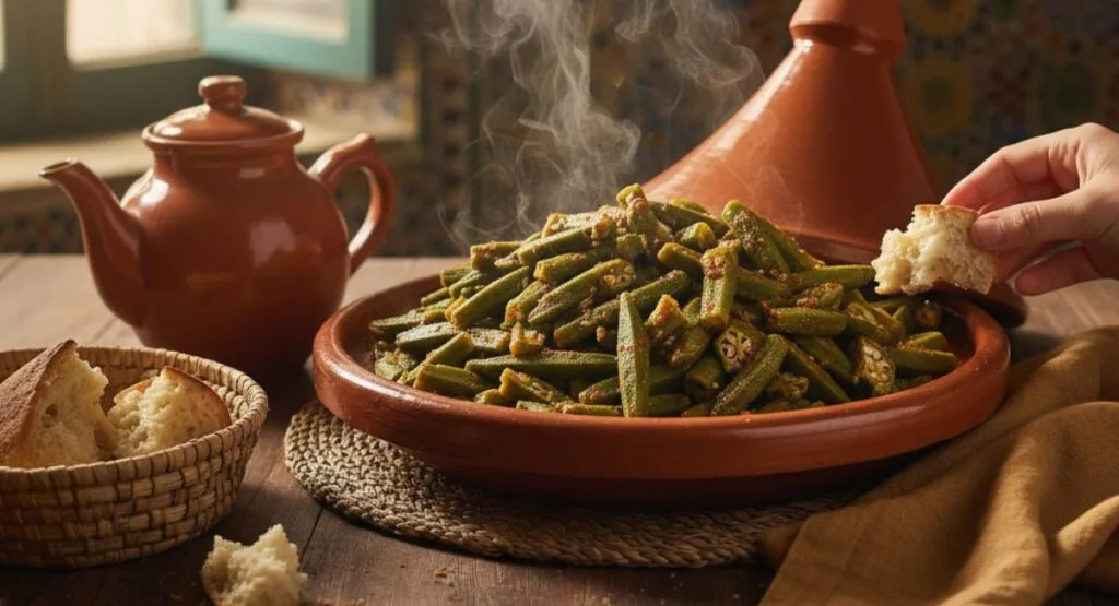 Traditional Moroccan okra recipe served in a rustic tagine pot