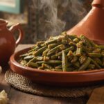 Traditional Moroccan okra recipe served in a rustic tagine pot