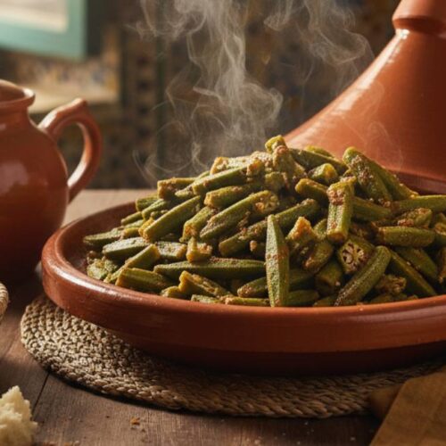 Traditional Moroccan okra recipe served in a rustic tagine pot