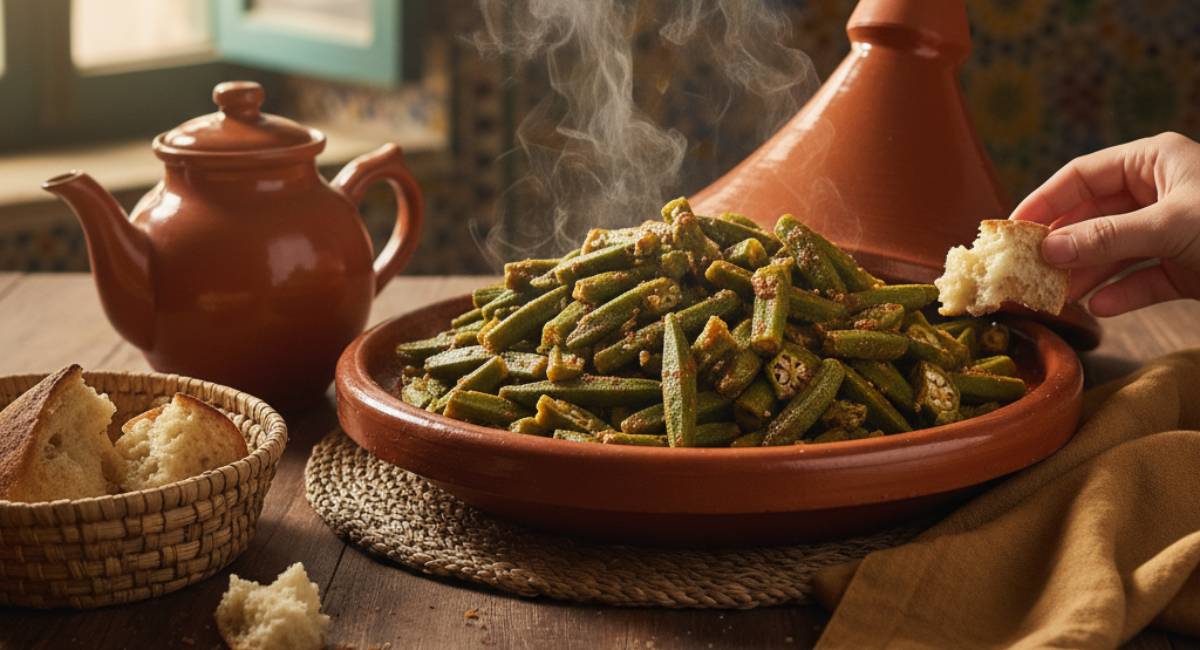 Traditional Moroccan okra recipe served in a rustic tagine pot