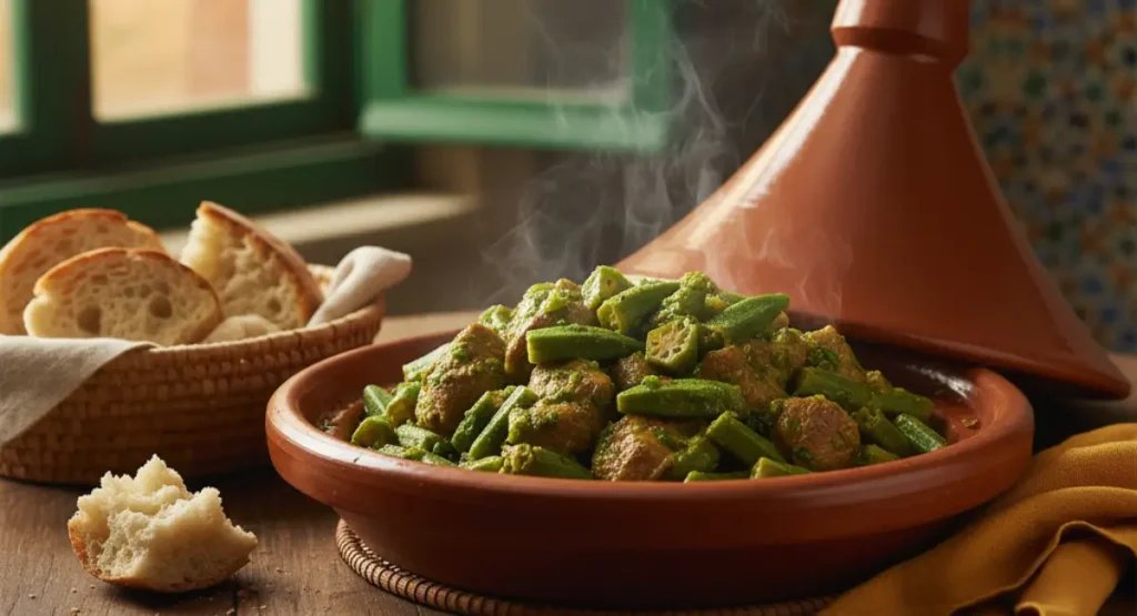 Serving okra recipe tagine family-style in a Moroccan home