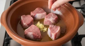 Adding lamb to hot oil in a tagine for a Moroccan okra recipe