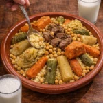 A large traditional terracotta platter of authentic Moroccan couscous topped with slow-cooked beef, chickpeas, and seven vegetables, served with glasses of cold fermented milk (Lben).
