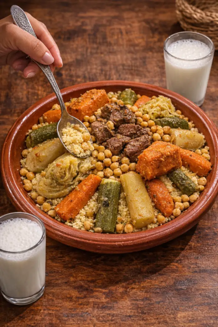 A large traditional terracotta platter of authentic Moroccan couscous topped with slow-cooked beef, chickpeas, and seven vegetables, served with glasses of cold fermented milk (Lben).