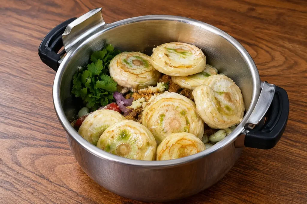 Artichokes arranged gently over fava beans in the pot for a Vegetarian Tagine Recipe