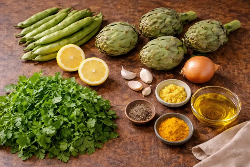 Vegetarian Tagine Recipe ingredients with artichokes, fava beans, cilantro, lemon, onion, garlic, olive oil, and Moroccan spices