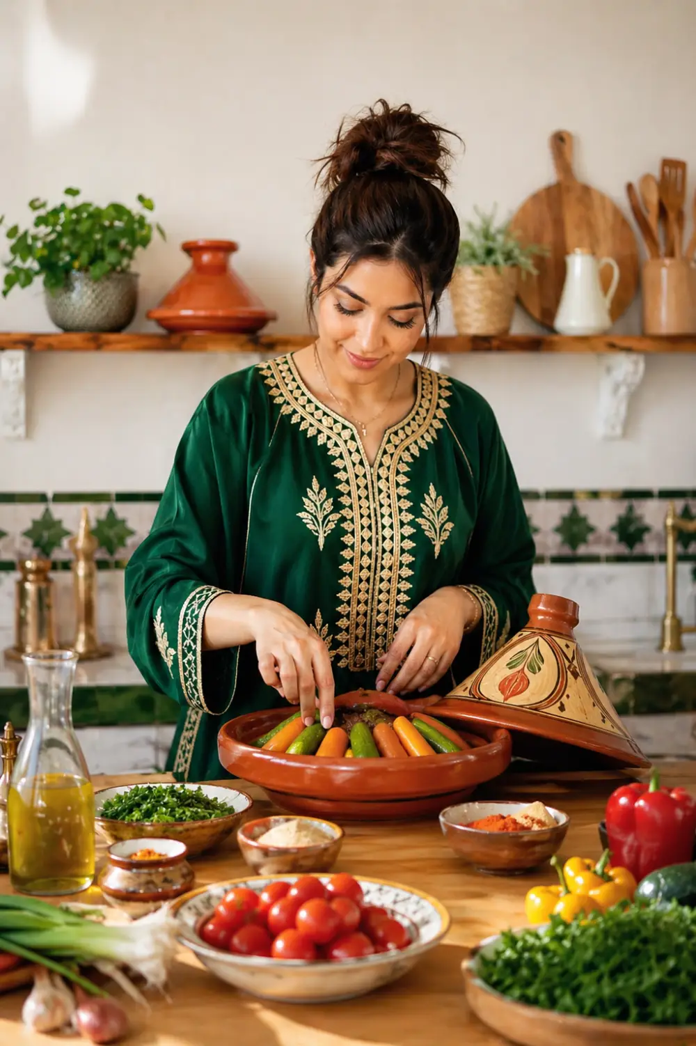 Moroccan food content creator preparing a traditional vegetable tagine in a home kitchen