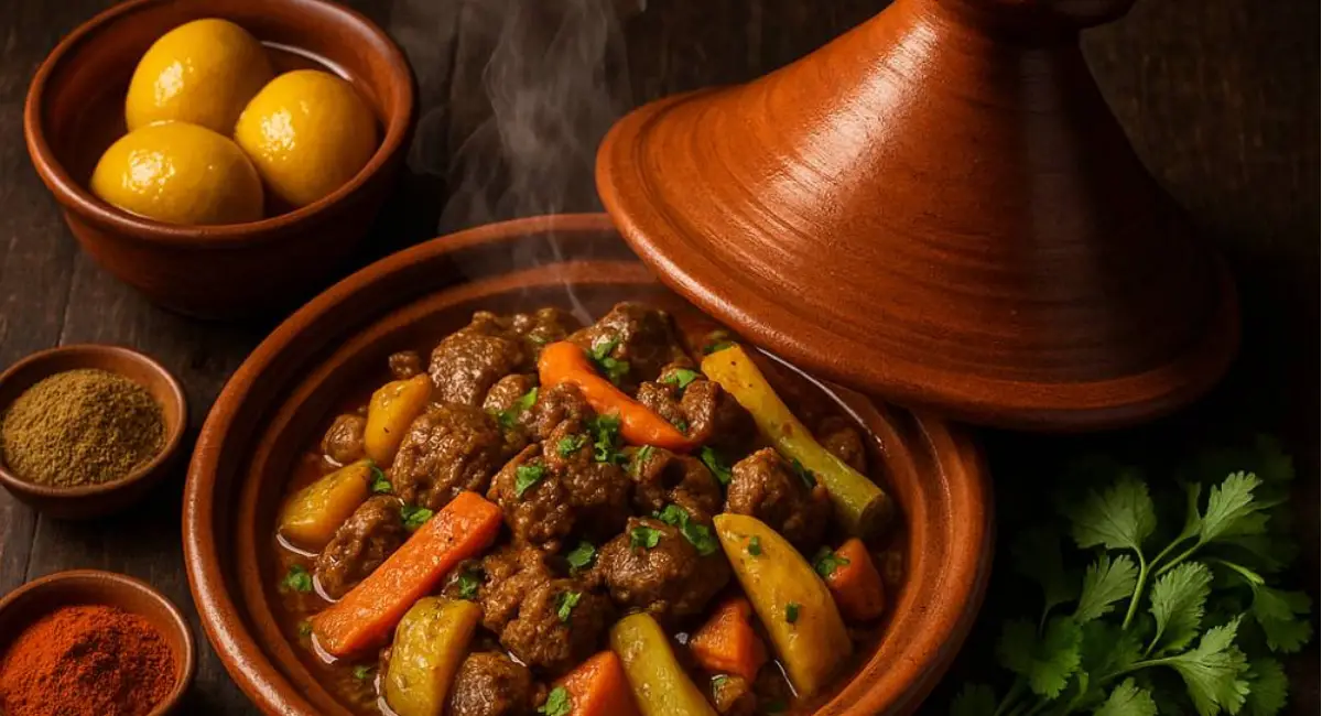 Moroccan recipe of beef tagine with carrots, potatoes, herbs, and warm spices served in a traditional clay dish.